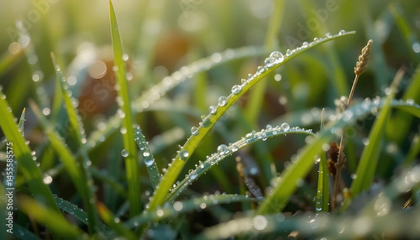 Obraz Grass with Dew Drops in Morning Light