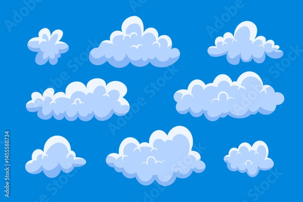 Fototapeta Set of cartoon cloud in a flat design. Fluffy white cartoon clouds in blue sky vector set.