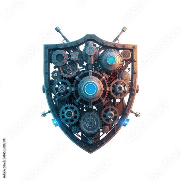 Fototapeta Mechanical Shield with Gears and Cogs Steampunk Protection Symbol Technology Concept Security Defense Mechanism Isolated on White Background