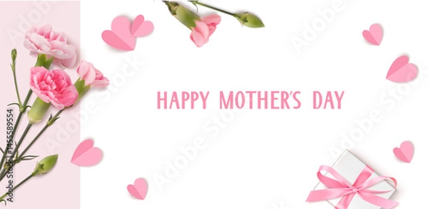 Obraz Happy Mother's Day holiday design template with realistic pink carnation flowers, gift box and paper hearts on white background. Vector stock illustration.
