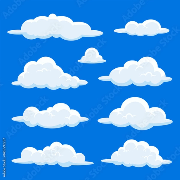 Fototapeta Set of cartoon cloud in a flat design. Fluffy white cartoon clouds in blue sky vector set.