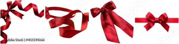 Obraz Various styles of red ribbons and bows are presented against a white backdrop, ideal for decorations and gift wrapping for celebrations and special events