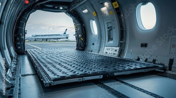 Fototapeta Interior of Cargo Plane with Open Door and Loading Platform Visible