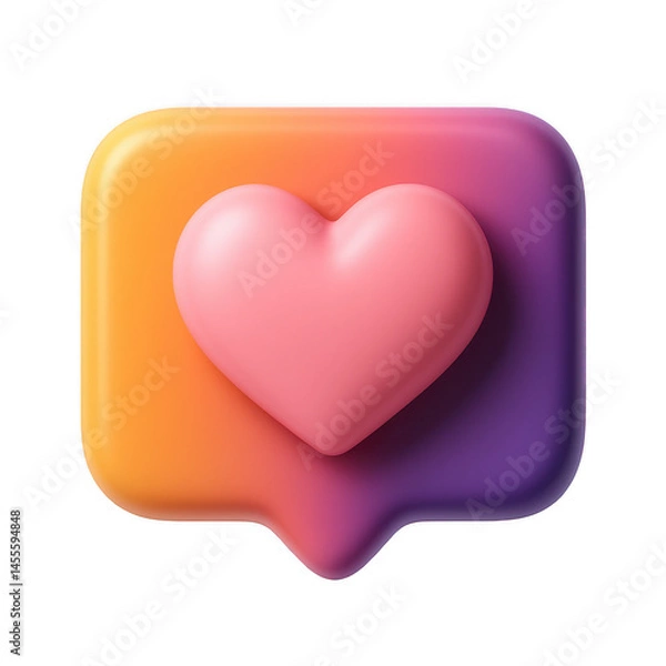 Fototapeta A smooth 3D rendered pink heart sits on a vibrant gradient message bubble shape, symbolizing digital love and social media reactions.