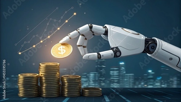 Fototapeta A robotic hand grasping a coin, representing the intersection of artificial intelligence and finance. Suitable for themes involving fintech innovation, automation, and AI-driven investments.