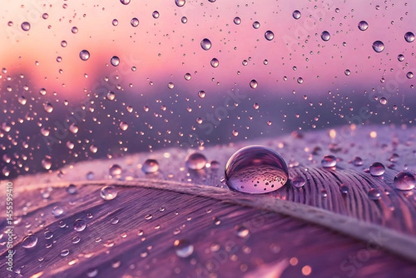 Fototapeta Close-up of water drops during sunset with vivid sky colors and sparkling bokeh for peaceful wallpaper effect