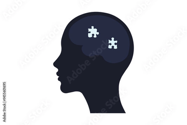 Fototapeta Silhouette of a human head with brain made from puzzle pieces.
