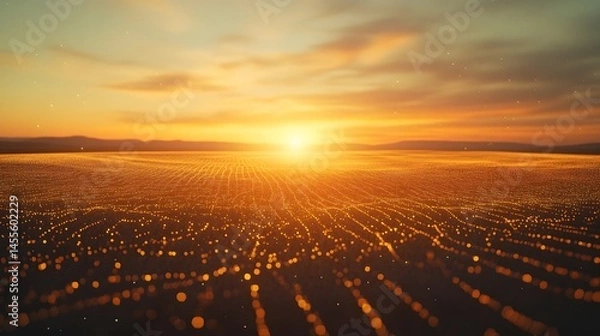 Fototapeta Sunset on a grid-like digital plain. Warm hues and ethereal lights create a futuristic, data-driven landscape. Abstract Digital low-poly wireframe connected dots in dark blue