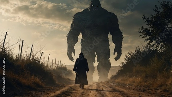 Fototapeta A towering figure looms on a dusty country lane a massive man with rugged features cloaked in shadows