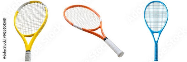 Obraz Three isolated tennis rackets in yellow, orange, and blue showcasing their distinct styles and designs, perfect for any tennis enthusiast looking for variety