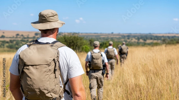 Fototapeta Explorers walking through tall golden grass on safari adventure, guided by expert