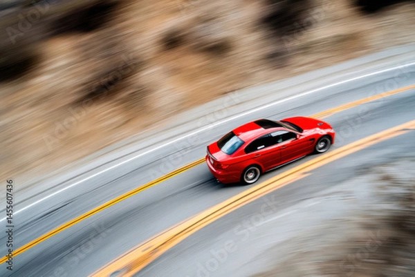 Fototapeta Motion blur shot of red car driving fast in a curve