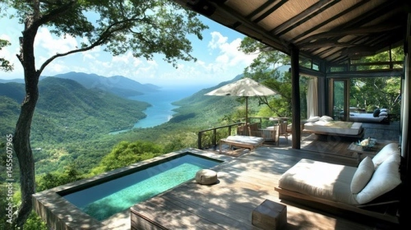 Obraz Luxurious mountaintop villa with a breathtaking ocean view.  A private pool and deck offer spectacular vistas