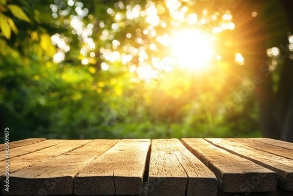 Fototapeta Wooden table top in a sunlit garden setting.  A rustic wooden surface, light brown in color, sits in the foreground.