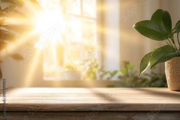 Fototapeta Sunny wooden table with plants and sunlight through window