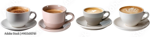 Obraz Four stylish coffee cups in different colors display exquisite designs and latte art, perfect for coffee enthusiasts or cafe decor. Ideal for beverage-related projects
