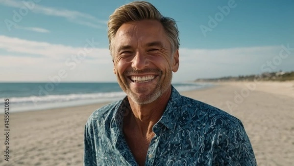 Fototapeta Portrait of a cheerful man enjoying the beach under a vibrant blue sky.


