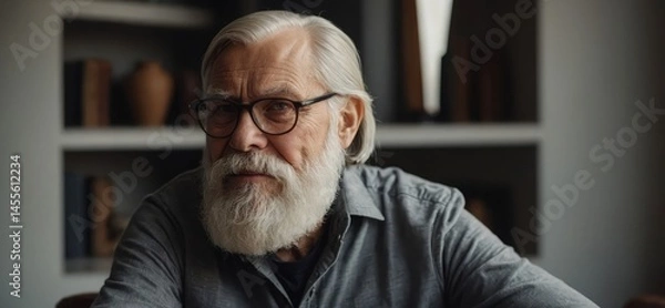 Fototapeta Portrait of a self-assured bearded older man at home.

