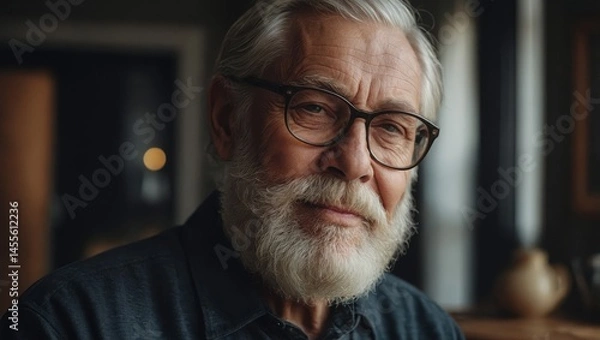 Fototapeta Confident senior man with beard pictured in a cozy home setting.

