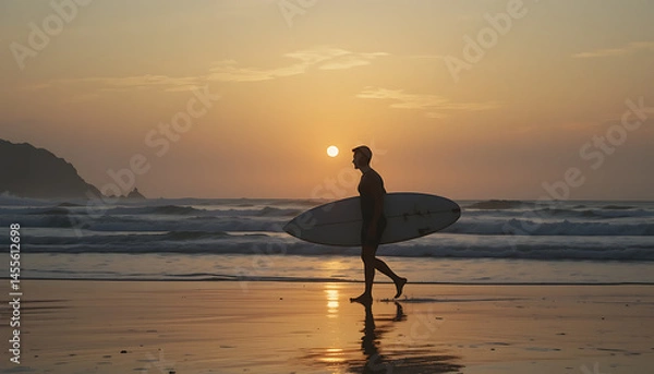 Obraz Surfer Walking on Beach at Sunset
