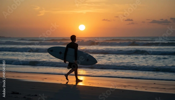 Obraz Surfer Walks on Beach at Sunset
