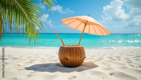 Obraz Coconut Cocktail on Beach with Turquoise Water and Palm Tree