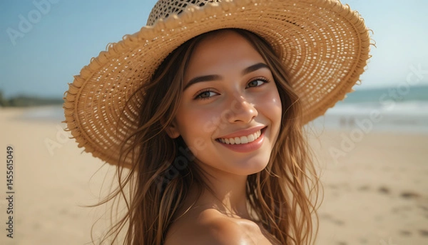 Obraz Woman in Hat Smiling on Beach