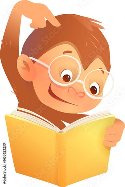 Obraz Cute Little Monkey Student Reading Book Educational Cartoon. Amusing chimp animal character for kids holding open book reading and learning. Vector kindergarten animals reading cartoon illustration