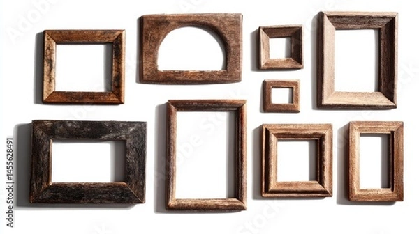 Fototapeta Various shaped brown vintage window frames placed separately on a white background. 