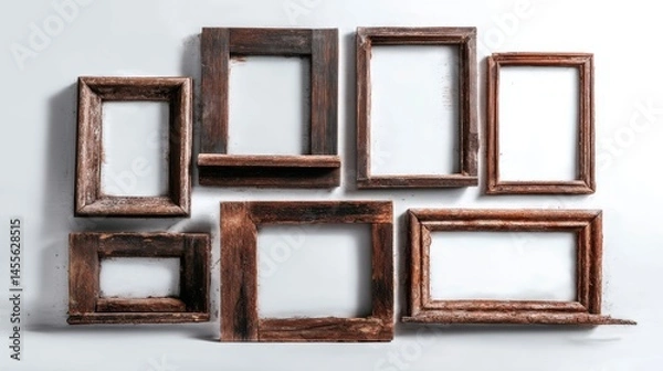 Fototapeta Various shaped brown vintage window frames placed separately on a white background. 