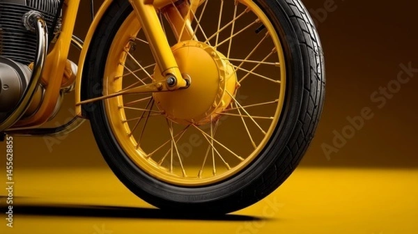 Fototapeta Yellow-colored spoked motorcycle wheel as an isolated visual element.