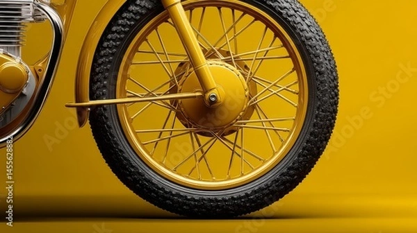 Fototapeta Yellow-colored spoked motorcycle wheel as an isolated visual element.