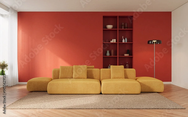Fototapeta Vibrant contemporary living room featuring a bold red accent wall, mustard yellow modular sofa, and playful modern furniture, 3d rendering 

