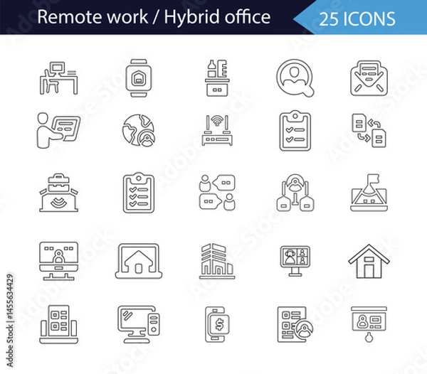 Fototapeta Remote Work and Hybrid Office Icons – Work from Home, Online Job Tools, Hybrid Workplace Icon, Digital Workspace and Remote Access Icons, Team and Digital Communication Icons