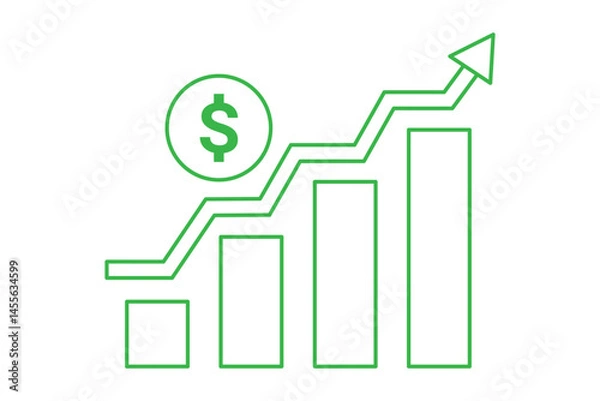 Obraz Money increase icon with arrow up symbol. Dollar coin graph up green graph chart symbol. Rise cost vector illustration.
