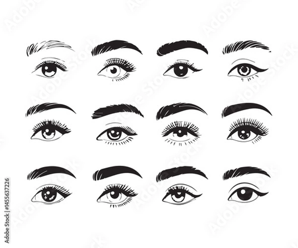 Fototapeta Diverse collection of hand drawn eyes with different eyebrow shapes set