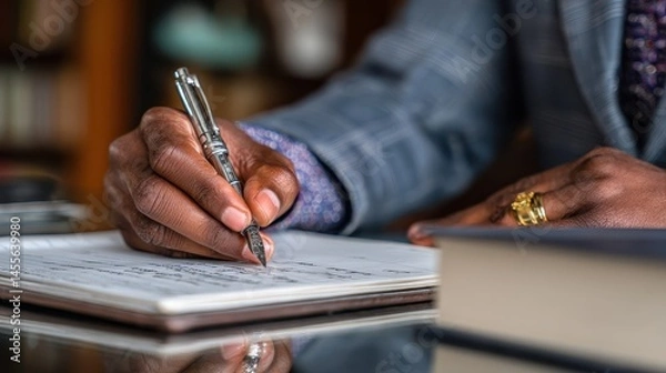 Fototapeta Close-up view of a person writing in a notebook.