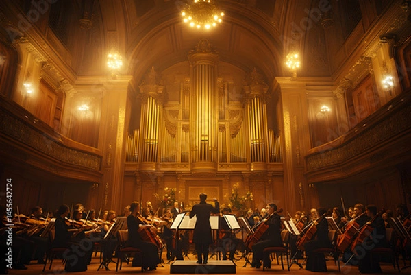 Fototapeta Harmony in Motion: An Enchanting Orchestra Performance Captivates Audiences in a Majestic Concert Hall
