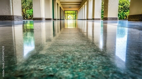 Obraz Polished concrete floor in a colonnaded walkway.  Sunlight streams through the colonnade, reflecting on the floor