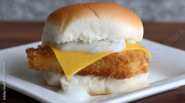 Fototapeta Lightly Breaded Fish Fillet Sandwich with Cheese and Sauce on a Fresh White Bun