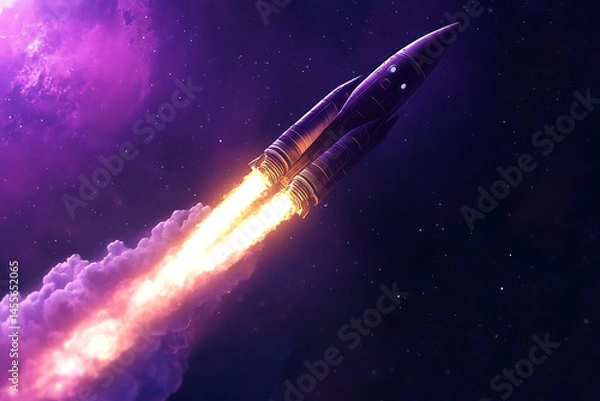 Obraz A futuristic rocket launches into a vibrant purple nebula, leaving a trail of fiery exhaust in space