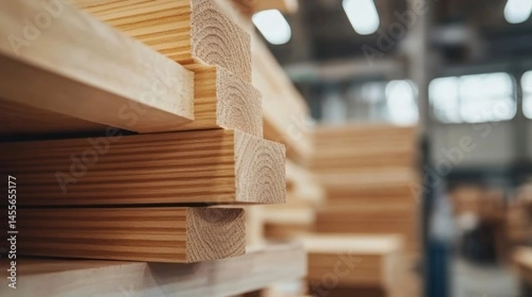 Fototapeta Stacks of finely finished wood planks ready for construction in a spacious workshop environment during daylight hours