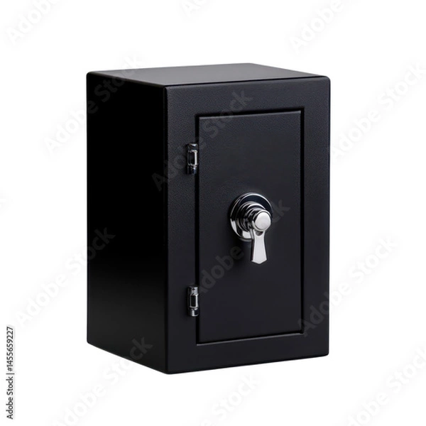 Fototapeta A black safe box featuring a robust lock mechanism set against a white background for security and storage needs.