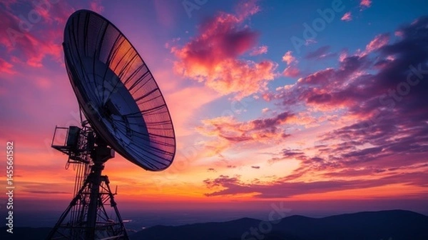 Fototapeta Sunset Over Radio Telescope Transmitting Signals Into the Sky, Showcasing Technological Marvels in Remote Location During Twilight Hours