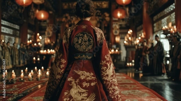 Fototapeta Traditional Attire in a Ceremonial Setting with Intricate Embroidery and Festive Lanterns Perf