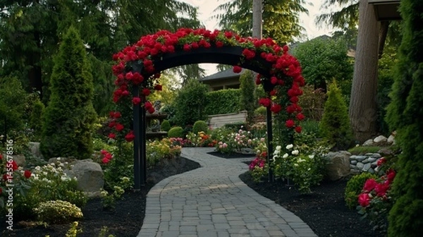Obraz A vibrant garden pathway adorned with a stunning rose arch. Lush greenery, colorful flowers, and carefully crafted landscaping create a picturesque scene
