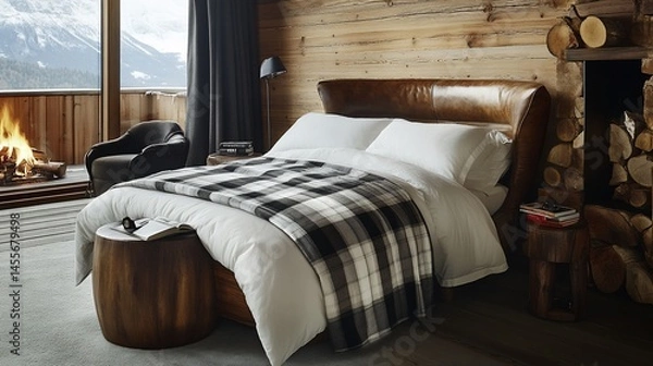 Obraz Luxurious mountain bedroom with a fireplace and scenic view