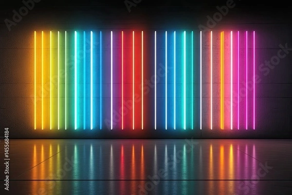Fototapeta Colorful neon lights against a dark wall, reflecting on a polished floor.  Vibrant vertical lines of various hues, creating a dynamic and futuristic aesthetic