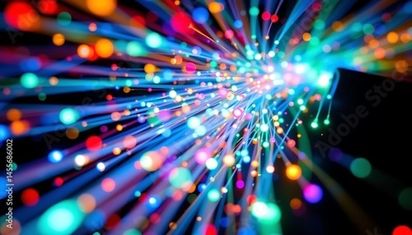 Obraz a stock photo of fiber optics, featuring glowing strands of light in vibrant blues, greens, and reds