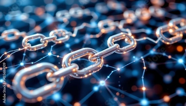 Obraz a stock photo illustrating a network of chain links and connections, symbolizing cryptocurrency and digital technology